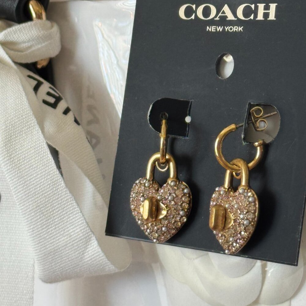 Coach Heart Turnlock Pavé Huggie Earrings (Gold/Pink Multi) - NWT